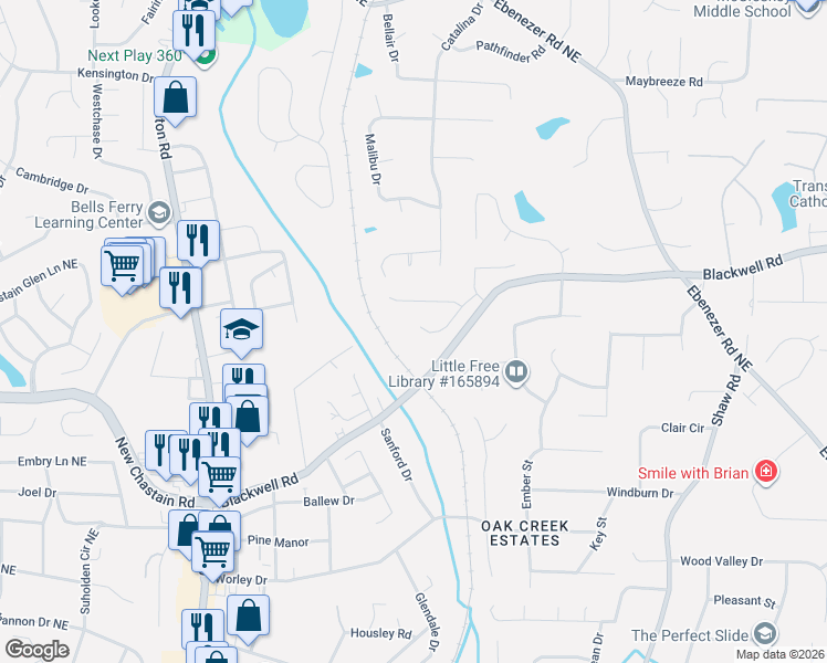 map of restaurants, bars, coffee shops, grocery stores, and more near 916 Blackwell Court in Marietta