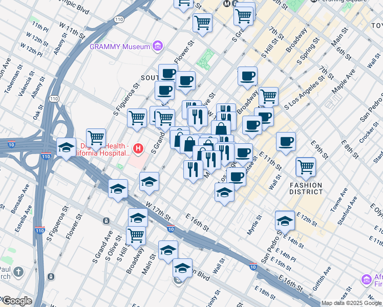 map of restaurants, bars, coffee shops, grocery stores, and more near 137 West 12th Street in Los Angeles