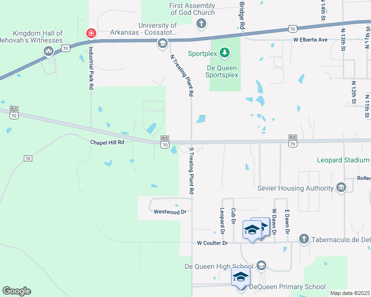 map of restaurants, bars, coffee shops, grocery stores, and more near 100 South Treating Plant Road in De Queen