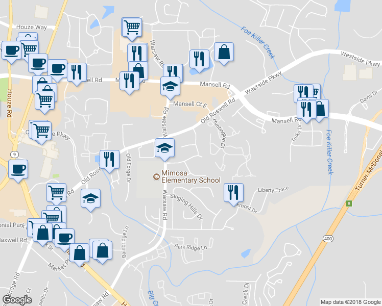 map of restaurants, bars, coffee shops, grocery stores, and more near 70 Parkmont Drive in Roswell