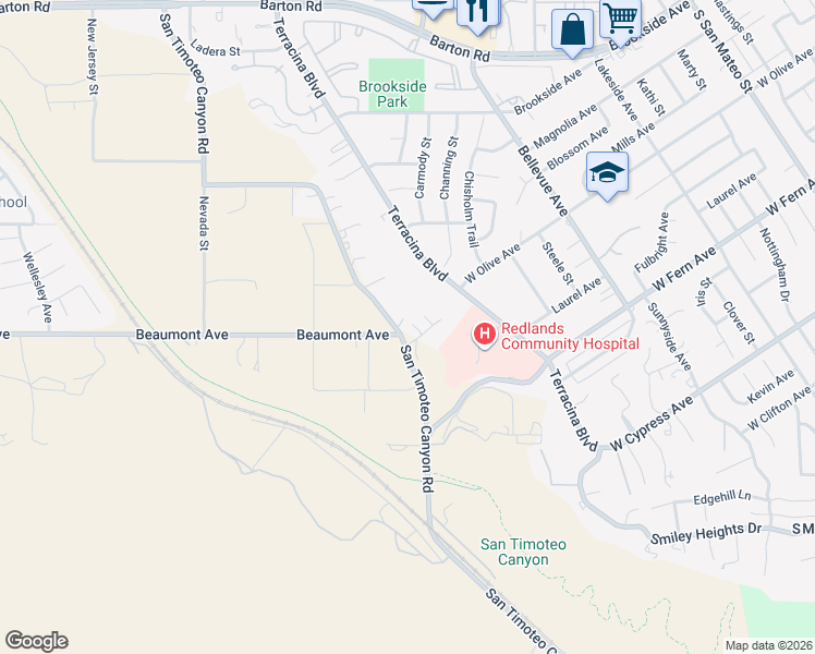 map of restaurants, bars, coffee shops, grocery stores, and more near 11891 San Timoteo Canyon Road in Redlands