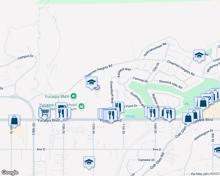 map of restaurants, bars, coffee shops, grocery stores, and more near 11890 Greenbluff Way in Yucaipa
