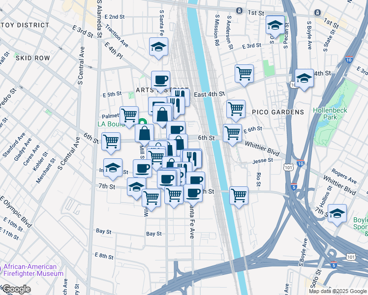 map of restaurants, bars, coffee shops, grocery stores, and more near 600 South Santa Fe Avenue in Los Angeles