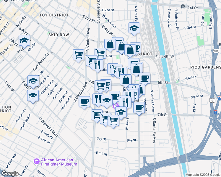 map of restaurants, bars, coffee shops, grocery stores, and more near 1320 East 6th Street in Los Angeles