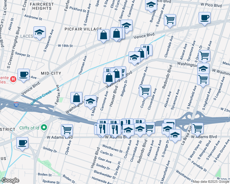 map of restaurants, bars, coffee shops, grocery stores, and more near 2100 Hauser Boulevard in Los Angeles