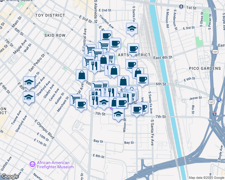 map of restaurants, bars, coffee shops, grocery stores, and more near 1320 East 6th Street in Los Angeles