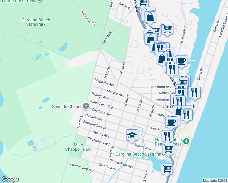 map of restaurants, bars, coffee shops, grocery stores, and more near 200-298 North 7th Street in Carolina Beach