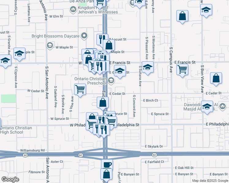 map of restaurants, bars, coffee shops, grocery stores, and more near 301 East Cedar Street in Ontario