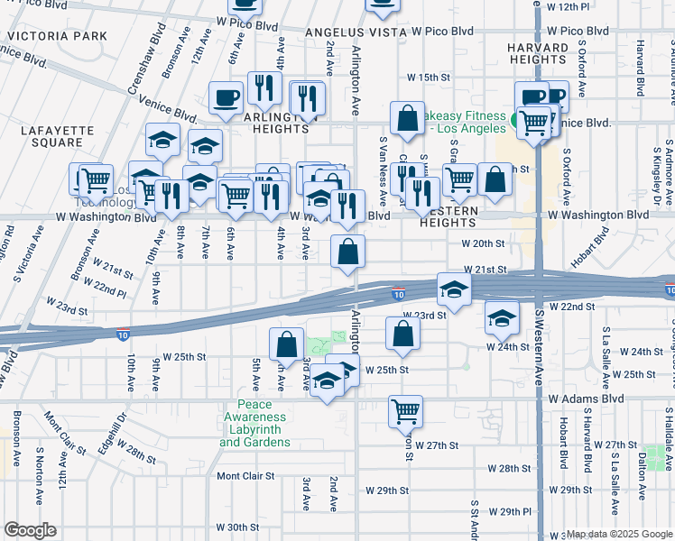 map of restaurants, bars, coffee shops, grocery stores, and more near West 21st Street in Los Angeles