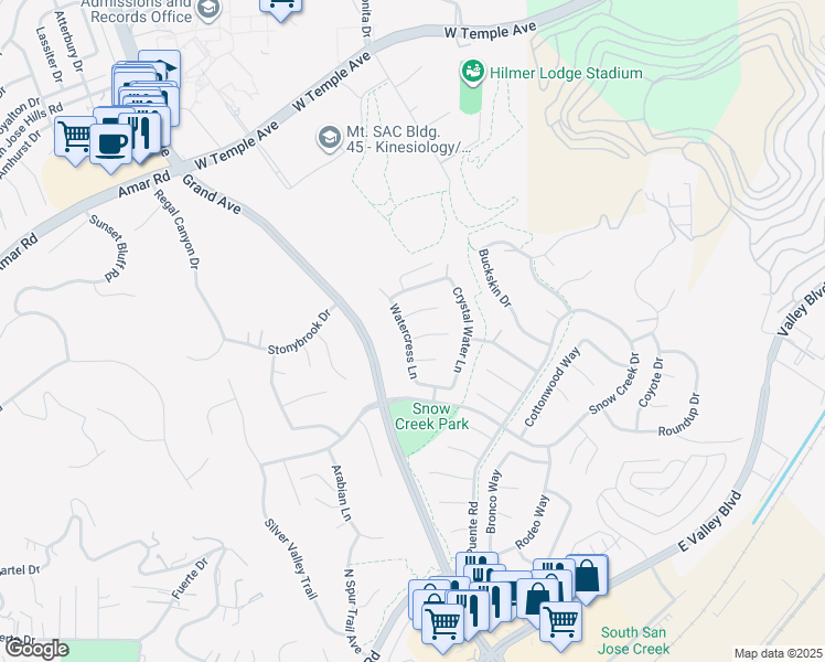 map of restaurants, bars, coffee shops, grocery stores, and more near 21605 Bluebell Court in Walnut