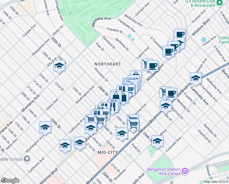 map of restaurants, bars, coffee shops, grocery stores, and more near 1115 Princeton Street in Santa Monica