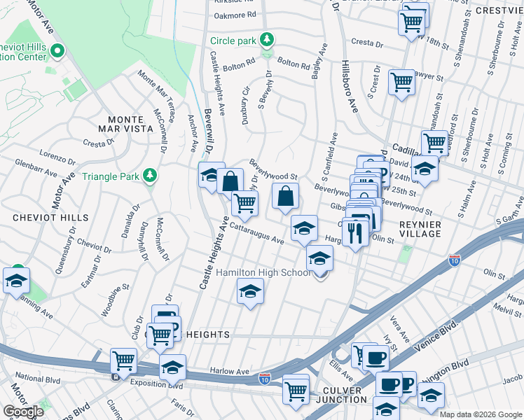 map of restaurants, bars, coffee shops, grocery stores, and more near Cardiff Avenue in Los Angeles