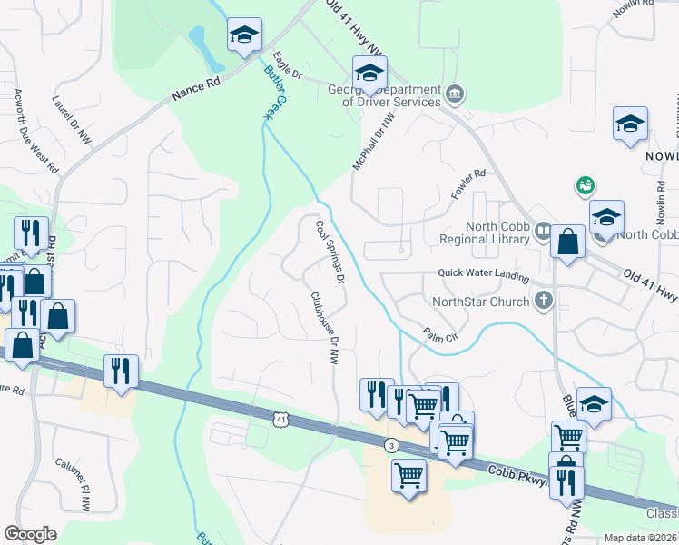map of restaurants, bars, coffee shops, grocery stores, and more near 1123 Cool Springs Dr in Kennesaw