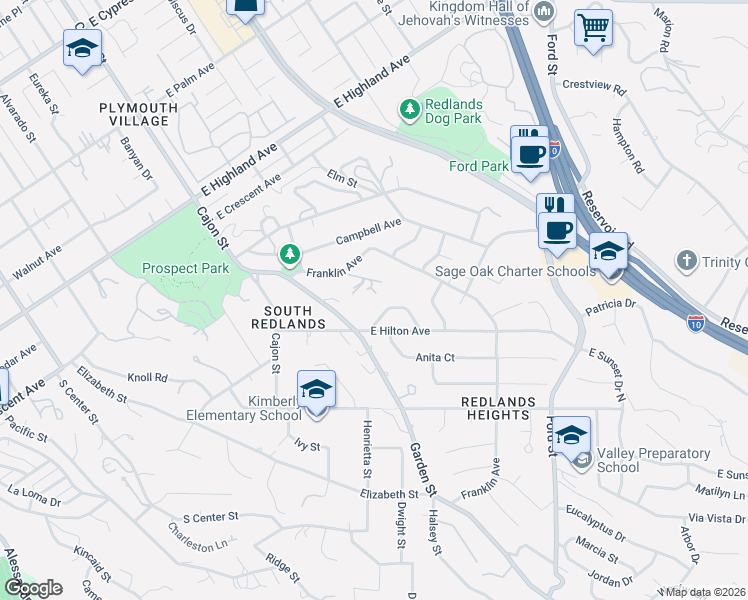 map of restaurants, bars, coffee shops, grocery stores, and more near 120 Franklin Avenue in Redlands