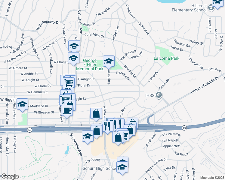 map of restaurants, bars, coffee shops, grocery stores, and more near 329 East Riggin Street in Monterey Park