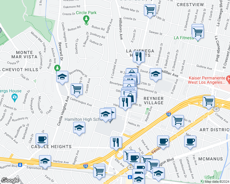 map of restaurants, bars, coffee shops, grocery stores, and more near 9120 Gibson Street in Los Angeles