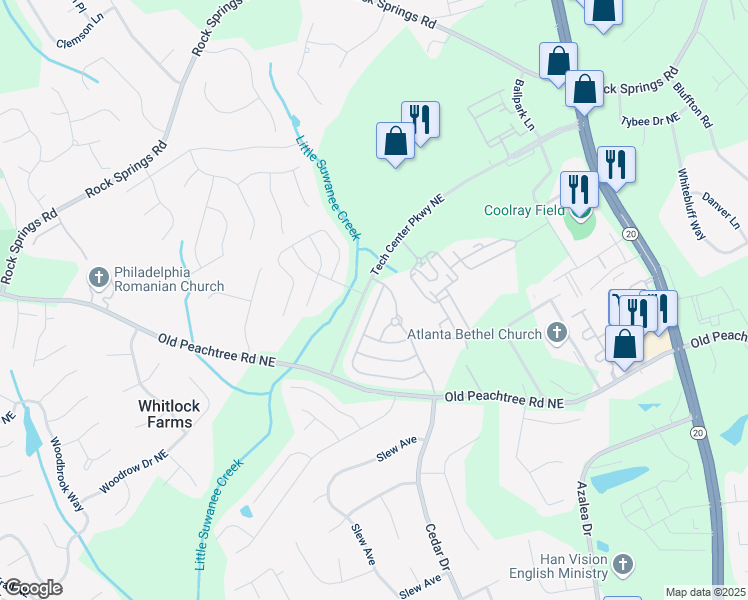 map of restaurants, bars, coffee shops, grocery stores, and more near 2476 Suwanee Pointe Drive in Lawrenceville