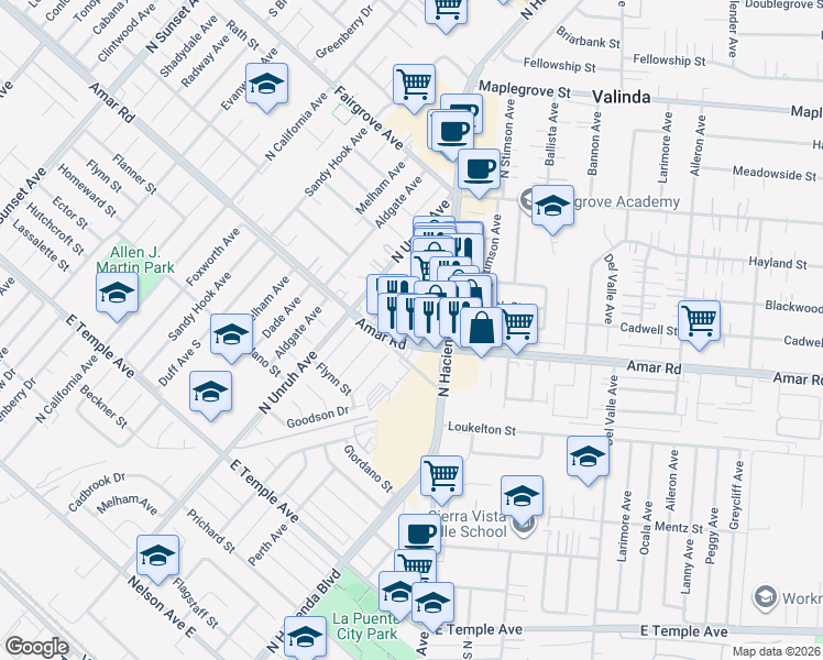 map of restaurants, bars, coffee shops, grocery stores, and more near 1004 Gaylawn Court in La Puente