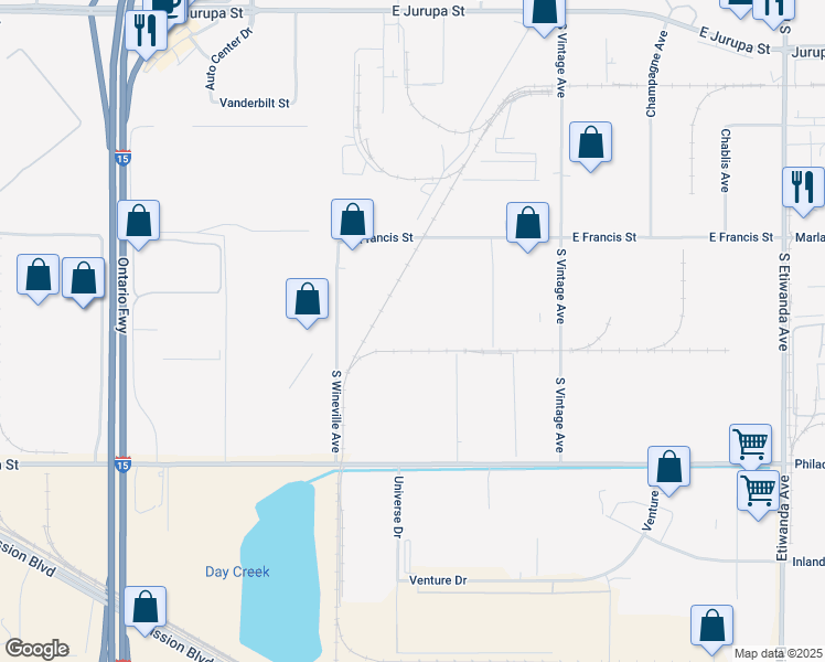map of restaurants, bars, coffee shops, grocery stores, and more near 5440 East Francis Street in Ontario