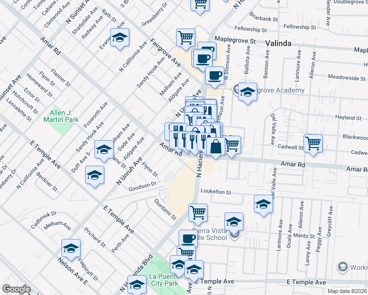 map of restaurants, bars, coffee shops, grocery stores, and more near 1004 Gaylawn Court in La Puente