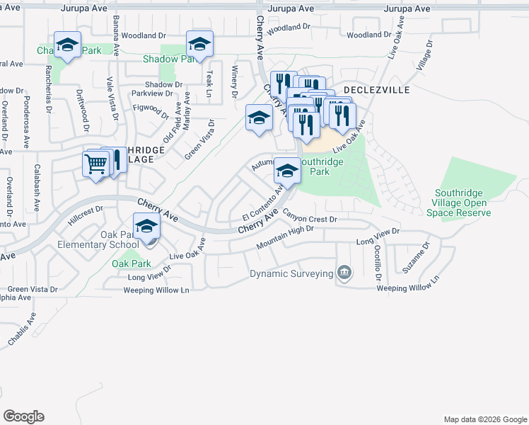map of restaurants, bars, coffee shops, grocery stores, and more near 14508 El Contento Avenue in Fontana