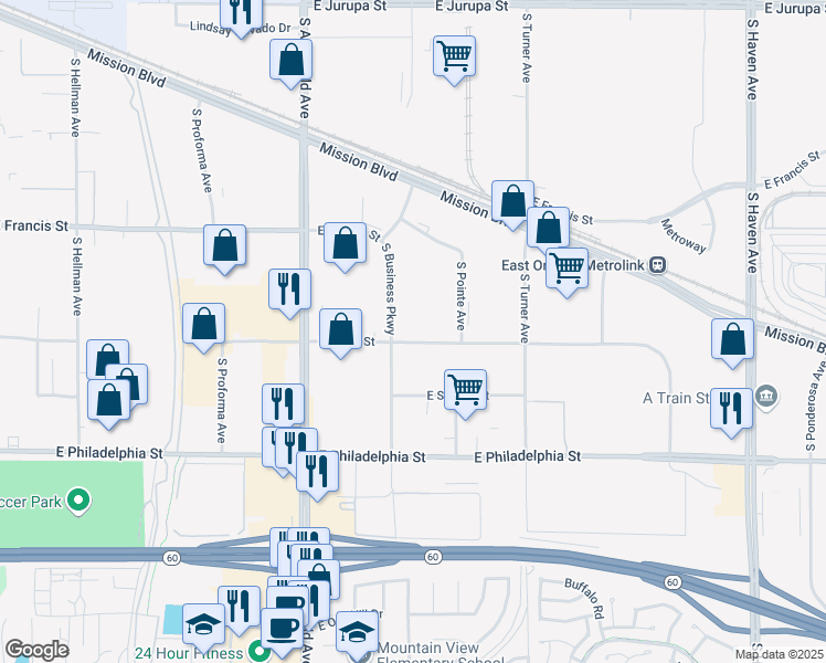 map of restaurants, bars, coffee shops, grocery stores, and more near 2817 East Cedar Street in Ontario