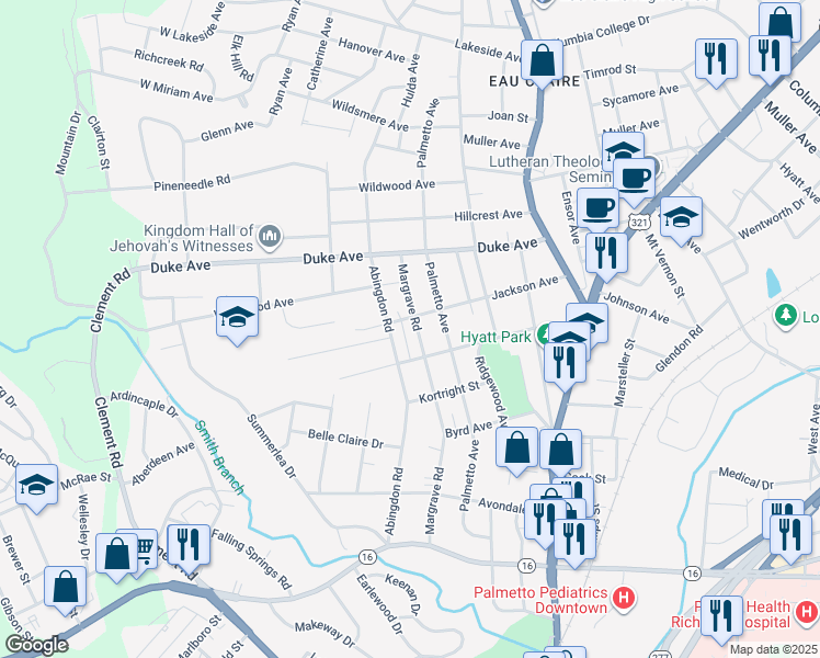 map of restaurants, bars, coffee shops, grocery stores, and more near 3915 Margrave Road in Columbia