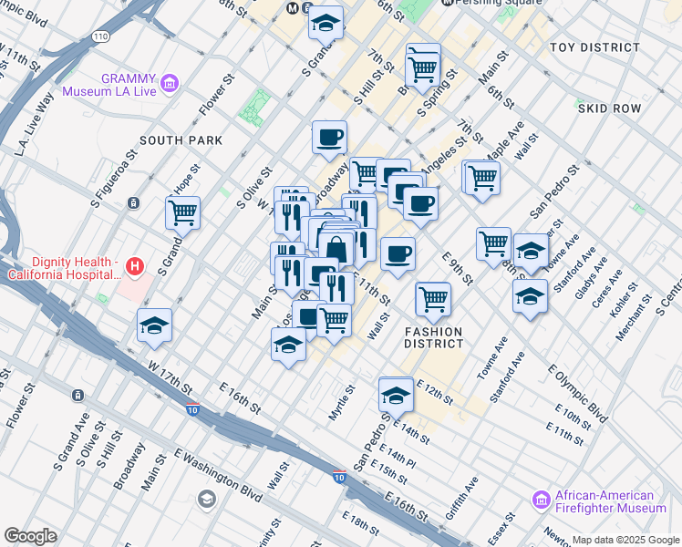 map of restaurants, bars, coffee shops, grocery stores, and more near 1104 South Los Angeles Street in Los Angeles
