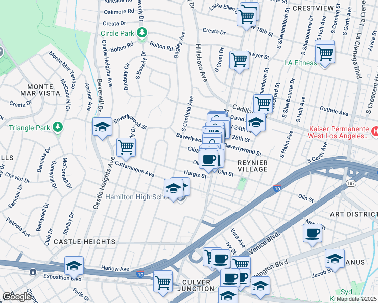 map of restaurants, bars, coffee shops, grocery stores, and more near Gibson Street in Los Angeles