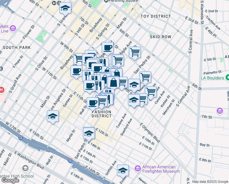 map of restaurants, bars, coffee shops, grocery stores, and more near 601e East 9th Street in Los Angeles