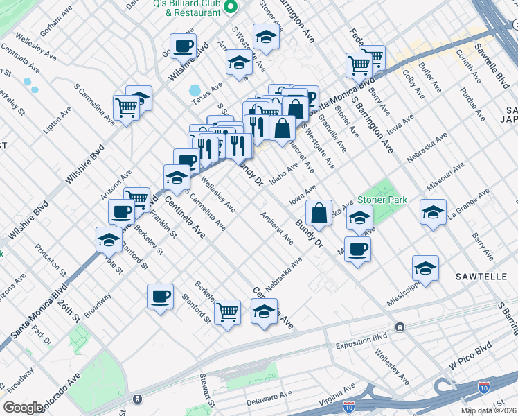 map of restaurants, bars, coffee shops, grocery stores, and more near 1627 South Bundy Drive in Los Angeles