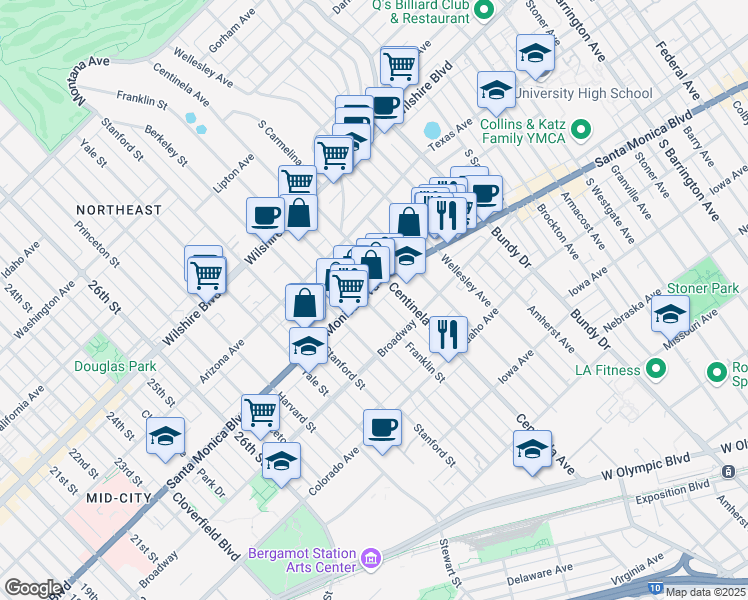 map of restaurants, bars, coffee shops, grocery stores, and more near in Santa Monica