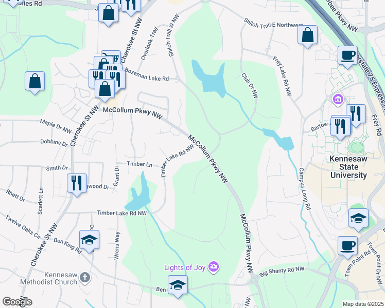map of restaurants, bars, coffee shops, grocery stores, and more near 3454 Timberlake Road Northwest in Kennesaw