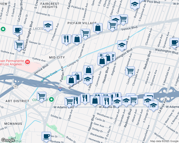 map of restaurants, bars, coffee shops, grocery stores, and more near 2134 South Curson Avenue in Los Angeles