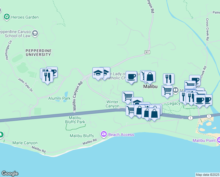 map of restaurants, bars, coffee shops, grocery stores, and more near 3601 Vista Pacifica in Malibu