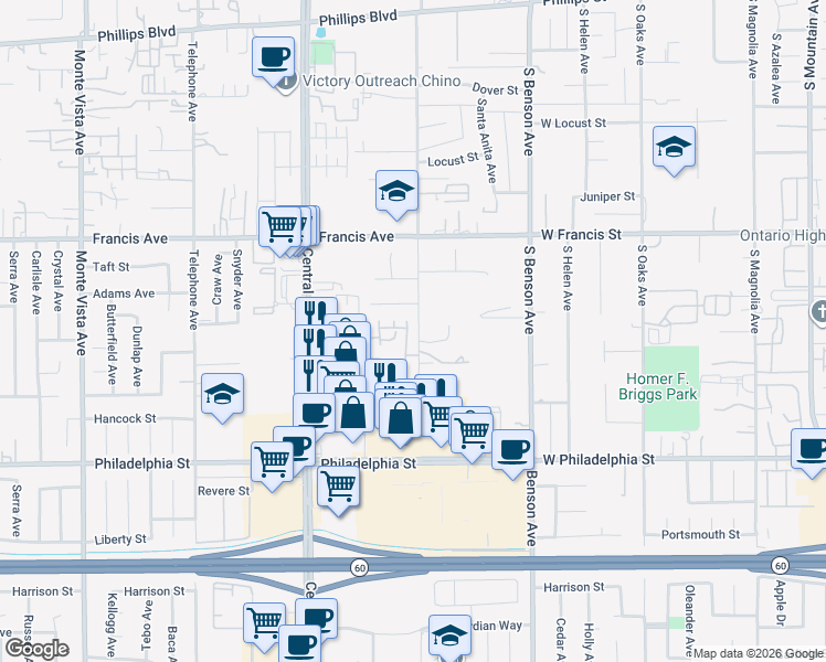 map of restaurants, bars, coffee shops, grocery stores, and more near 11873 Seneca Way in Chino
