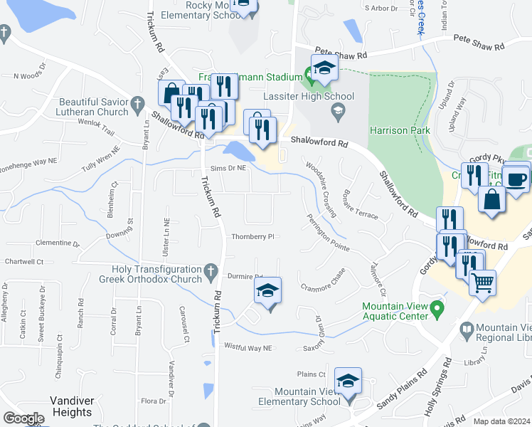 map of restaurants, bars, coffee shops, grocery stores, and more near 3583 Steinhauer Road in Marietta