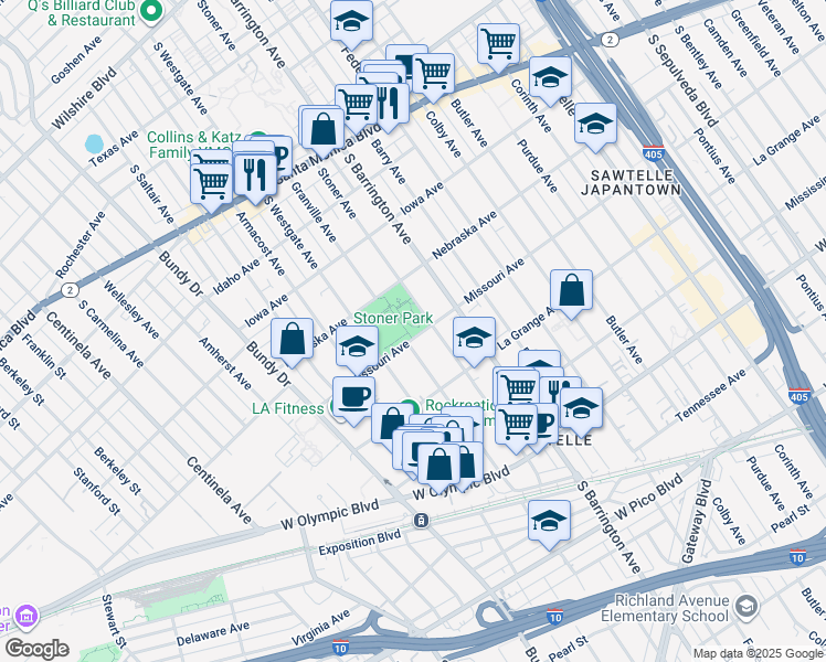 map of restaurants, bars, coffee shops, grocery stores, and more near 11759 Missouri Avenue in Los Angeles