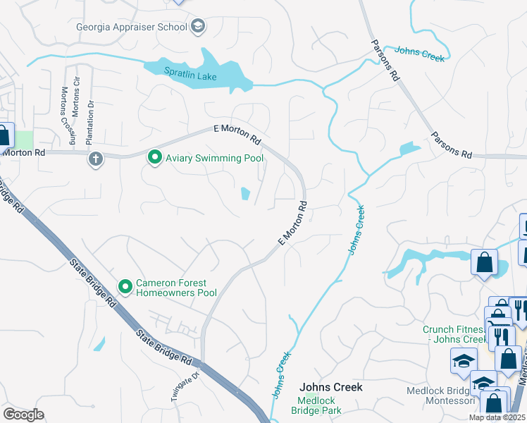 map of restaurants, bars, coffee shops, grocery stores, and more near 305 Hunstanton Court in Alpharetta