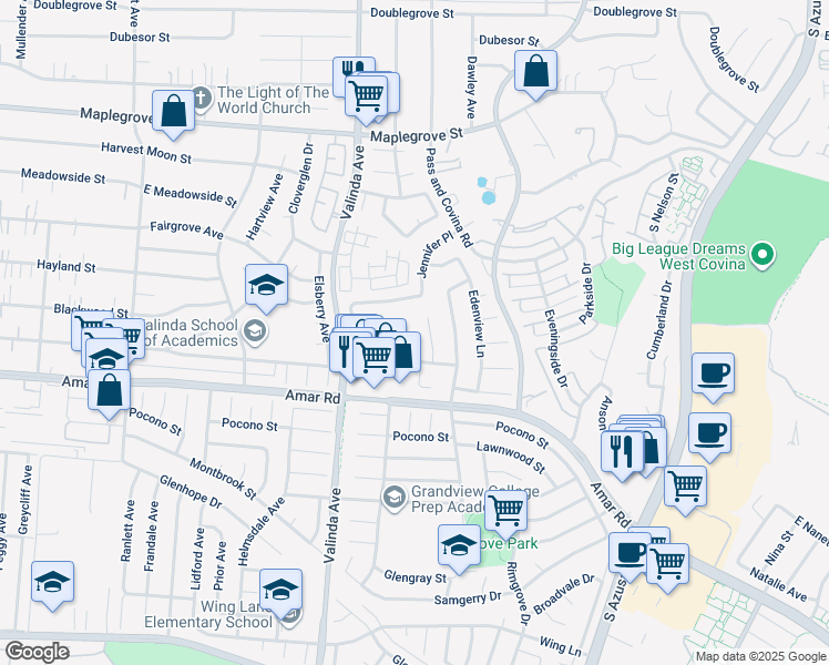 map of restaurants, bars, coffee shops, grocery stores, and more near 2005 Diane Place in West Covina
