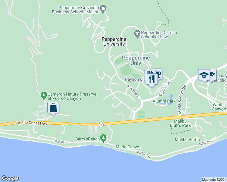map of restaurants, bars, coffee shops, grocery stores, and more near 3636 Malibu Country Drive in Malibu