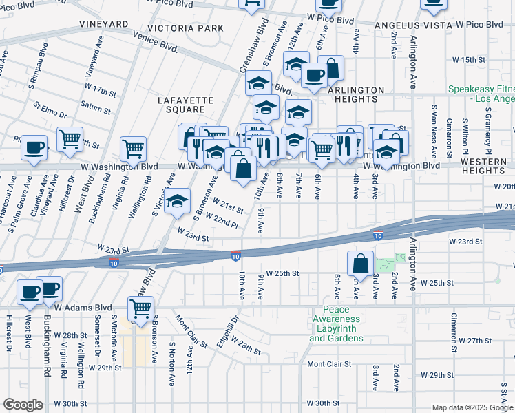 map of restaurants, bars, coffee shops, grocery stores, and more near 2101 9th Avenue in Los Angeles
