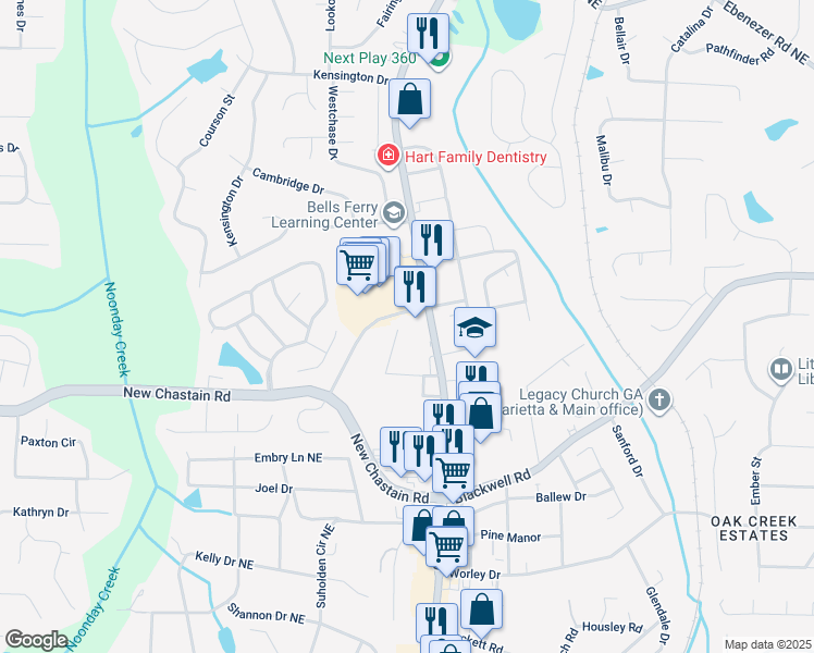 map of restaurants, bars, coffee shops, grocery stores, and more near 717 Blackwell Circle in Marietta
