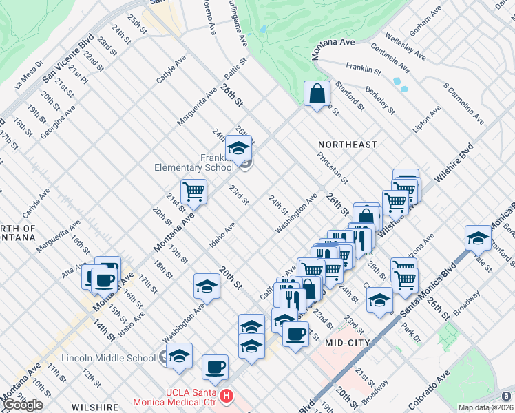 map of restaurants, bars, coffee shops, grocery stores, and more near 901 23rd Street in Santa Monica