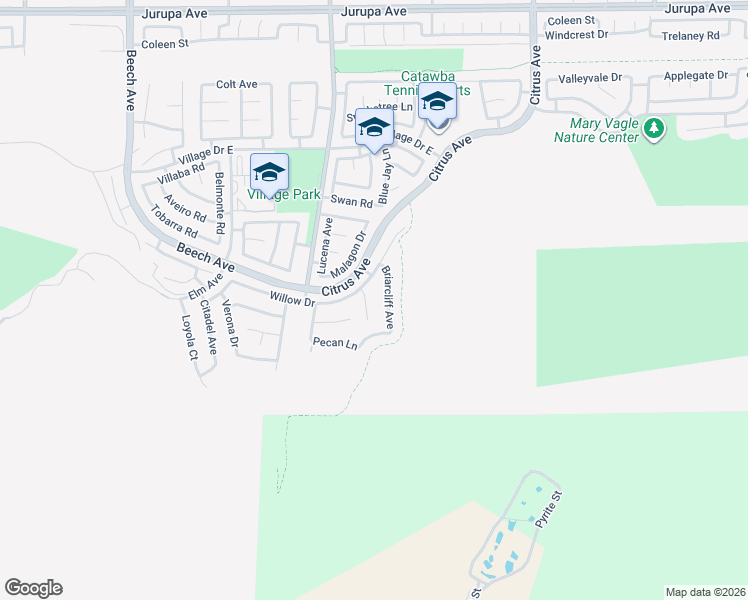 map of restaurants, bars, coffee shops, grocery stores, and more near 11912 Briarcliff Avenue in Fontana