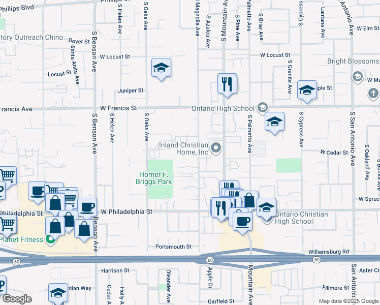 map of restaurants, bars, coffee shops, grocery stores, and more near 1234 Cedar Street in Ontario
