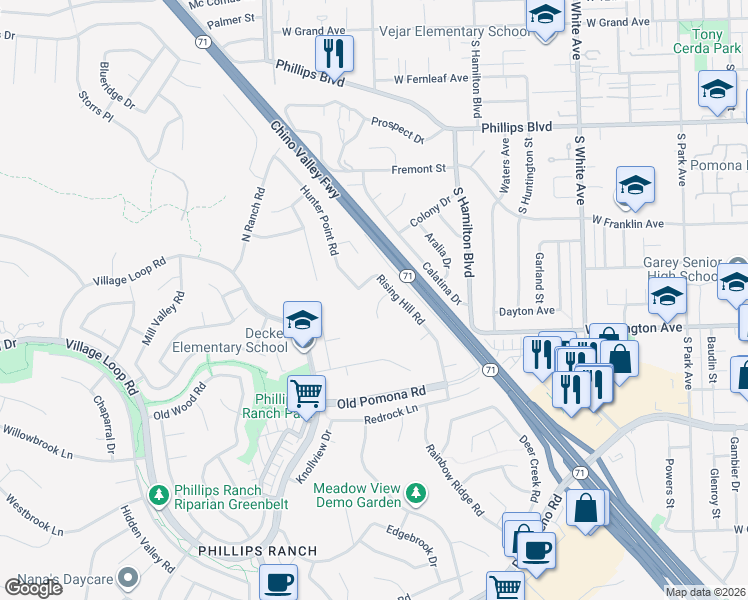 map of restaurants, bars, coffee shops, grocery stores, and more near 51 Rising Hill Road in Pomona