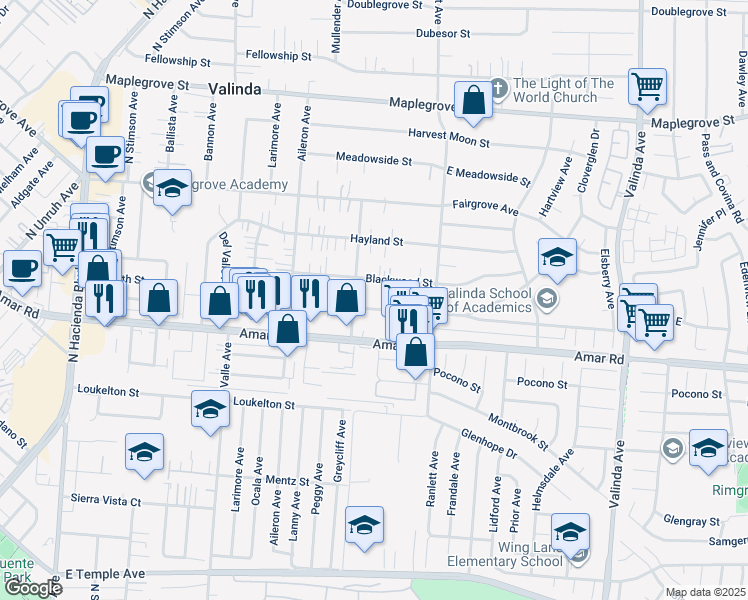 map of restaurants, bars, coffee shops, grocery stores, and more near 15908 Blackwood Street in La Puente