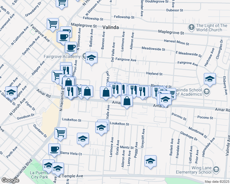 map of restaurants, bars, coffee shops, grocery stores, and more near 15735 Cadwell Street in La Puente