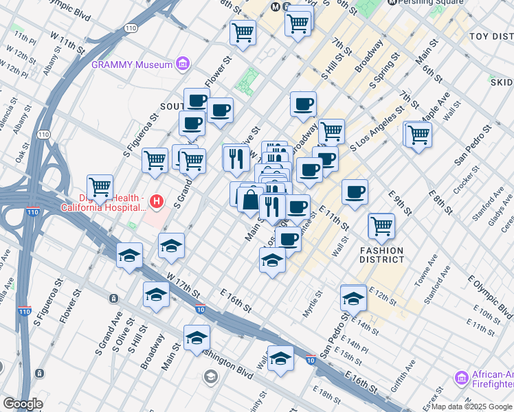 map of restaurants, bars, coffee shops, grocery stores, and more near 120 West 12th Street in Los Angeles